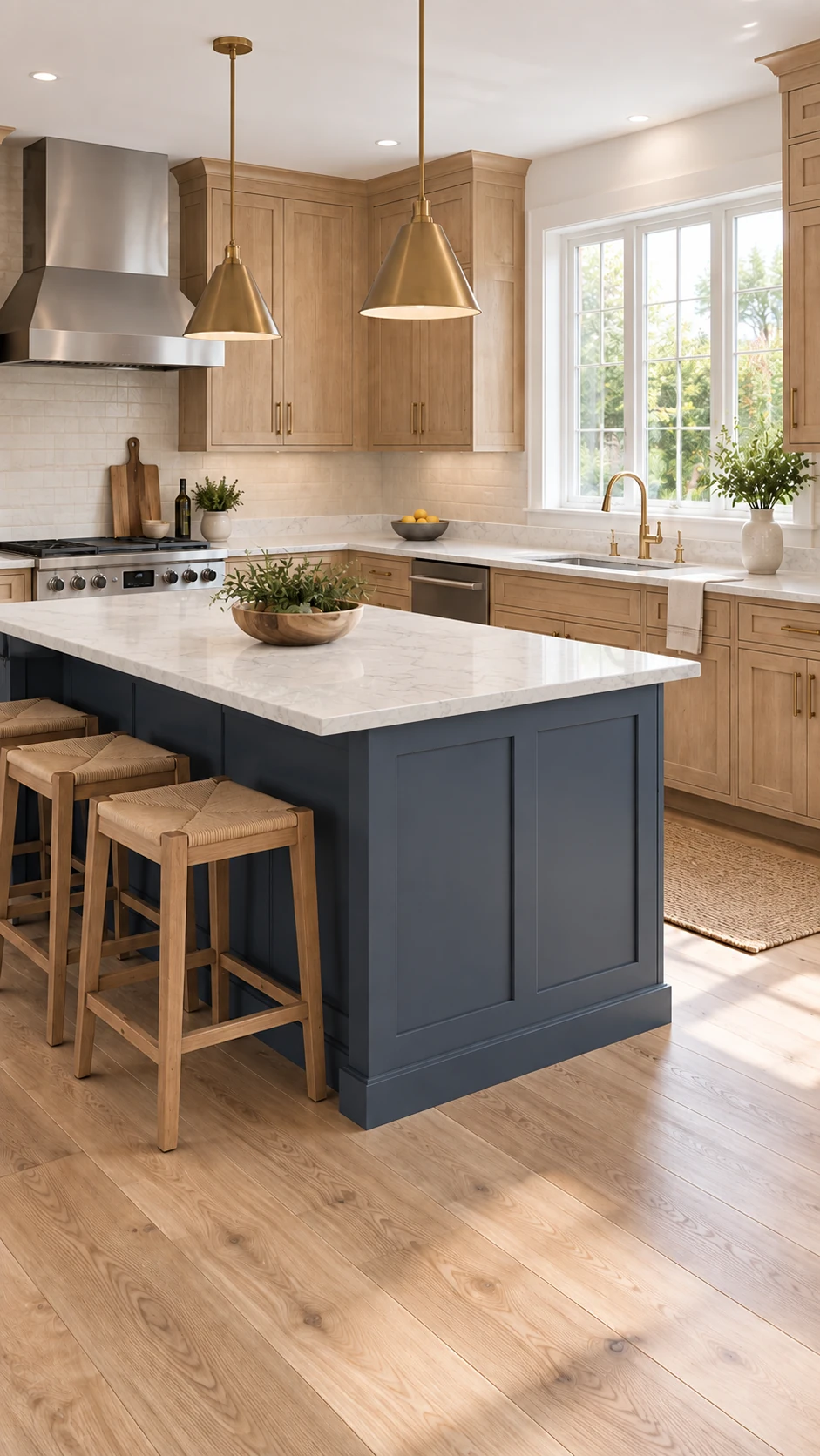 Sunlit oak kitchen with a navy island and white quartz-style countertops